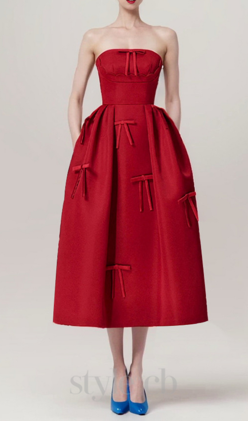 RED STRAPLESS RIBBON FRONT PLAIN A-LINE MIDI DRESS