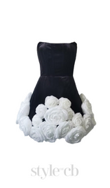 flower-embellished-hem black strapless mini dress