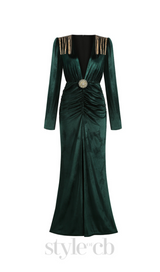 PHILIPPPA VELVET TASSEL V-NECK MAXI DRESS IN GREEN