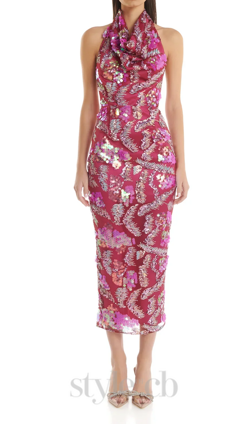 ALVA PINK HALTER EMBELLISHED SEQUIN BODYCON MIDI DRESS