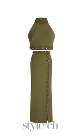 beaded diamond halter top slit skirt suit in green