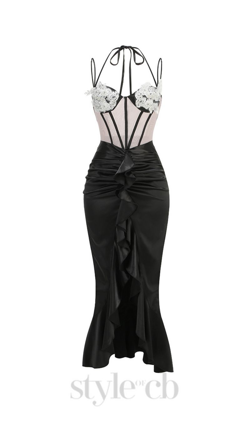 BEULAH BLACK SATIN CORSET SEQUIN WING CUP DRESS