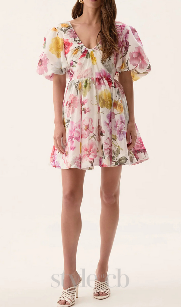 vanessa puff sleeve collage fleur mini dress