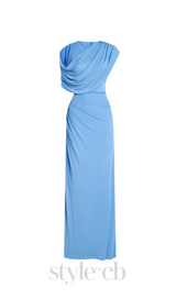 CASI SIDE-SLIT DRAPED JERSEY GOWN IN BLUE