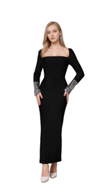 breenda square neck diamond tight bandage maxi dress in black