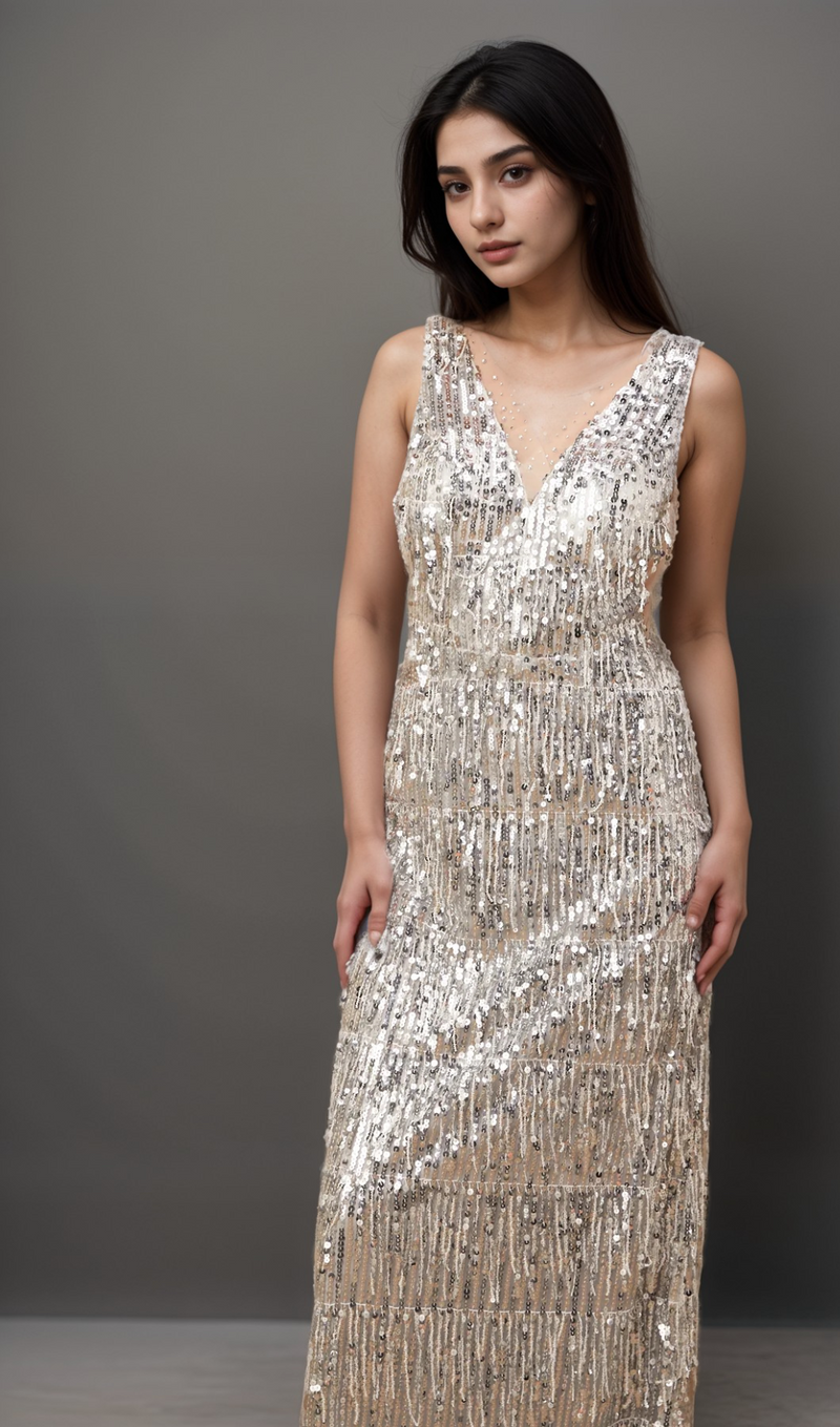 Denise silver sleeveless fringed sequined maxi dress