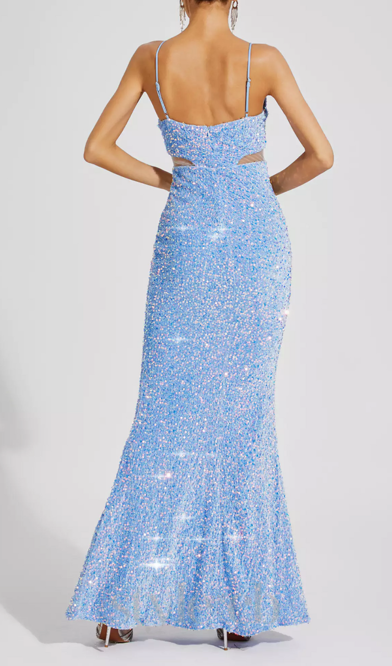 MARIAN BLUE CUTOUT SEQUINS HALTER MAXI DRESS