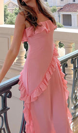 STRAPLESS RUFFLE MAXI DRESS IN PINK