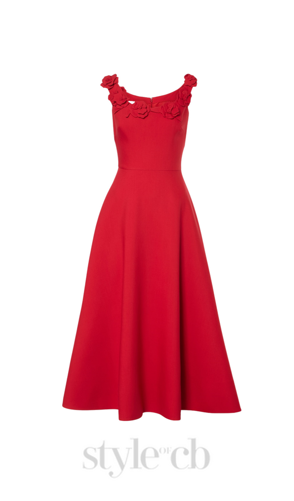 ULA EMBELLISHED FLORAL ROUND NECK MIDI DRESS IN RED