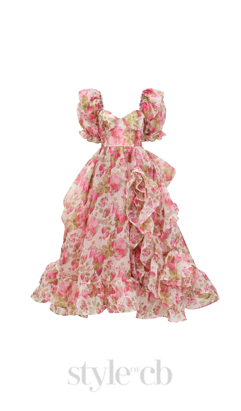 FRUIT-PRINT RUFFLED MAXI DRESS IN PINK