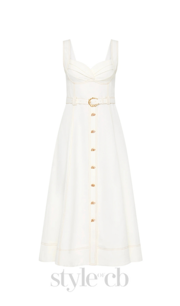 sweetheart neckline belted midi dress in ivory