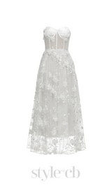 ENID WHITE FLORAL APPLIQUE MESH BANDAGE TUBE MAXI DRESS