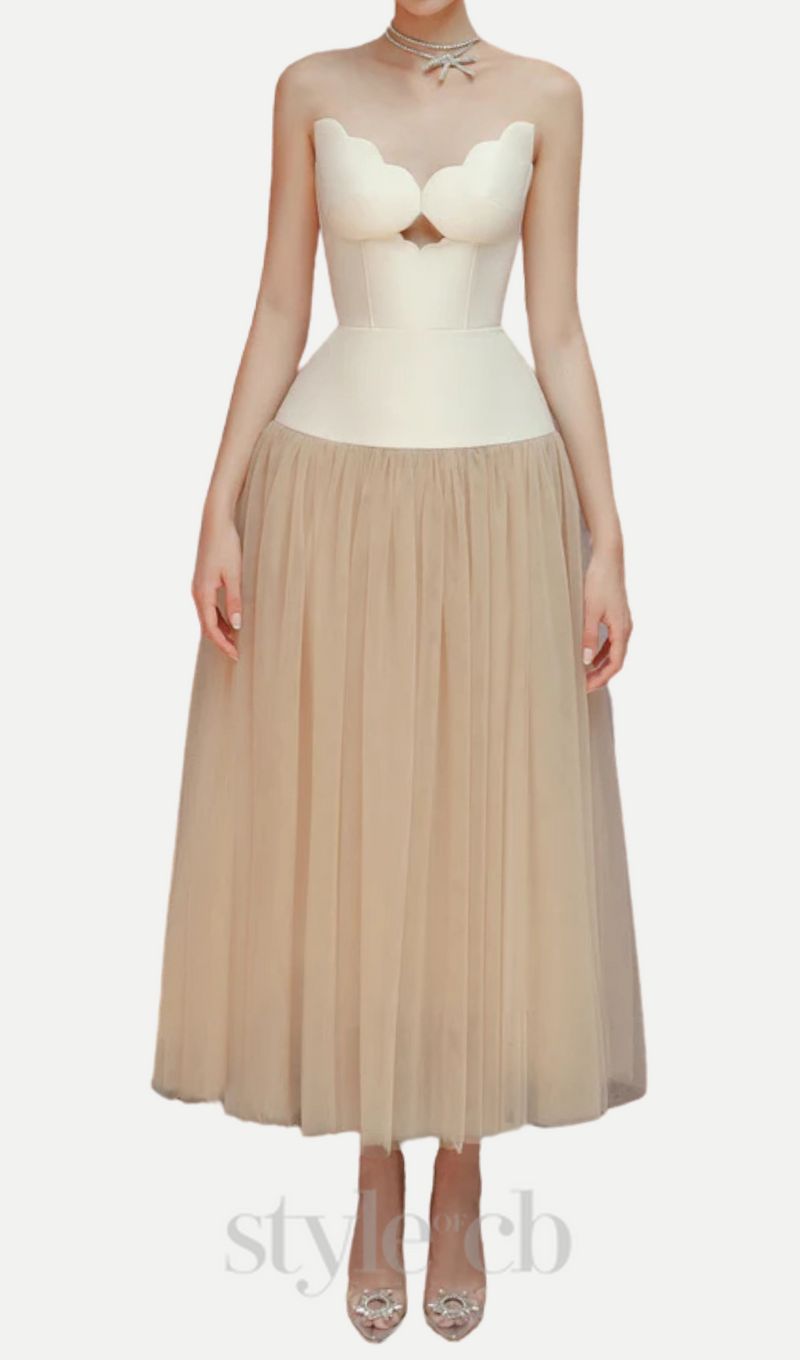 two-tone Hollow tube top tulle midi dress