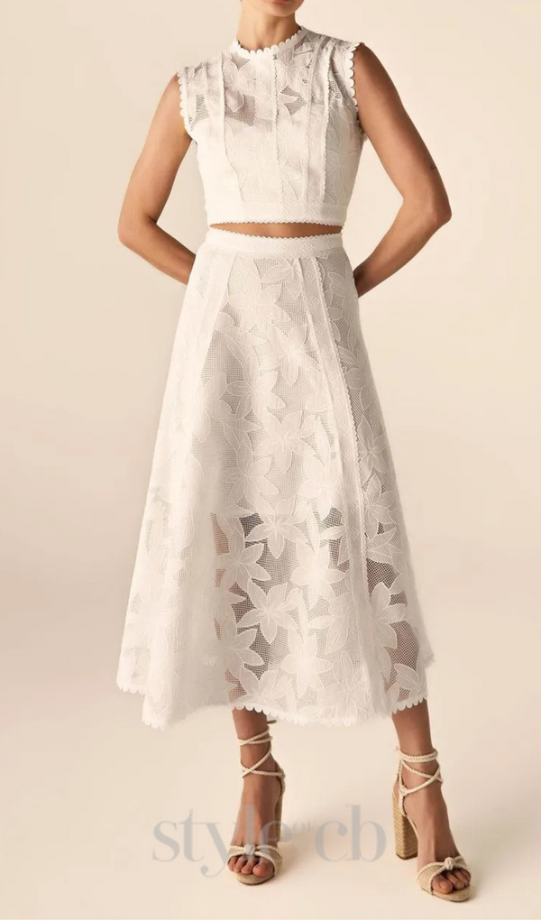 Guipure Mesh Midi Skirt Crop Top Set in white