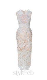 VANESSA SLEEVELESS LACE EMBROIDERED MIDI DRESS IN WHITE