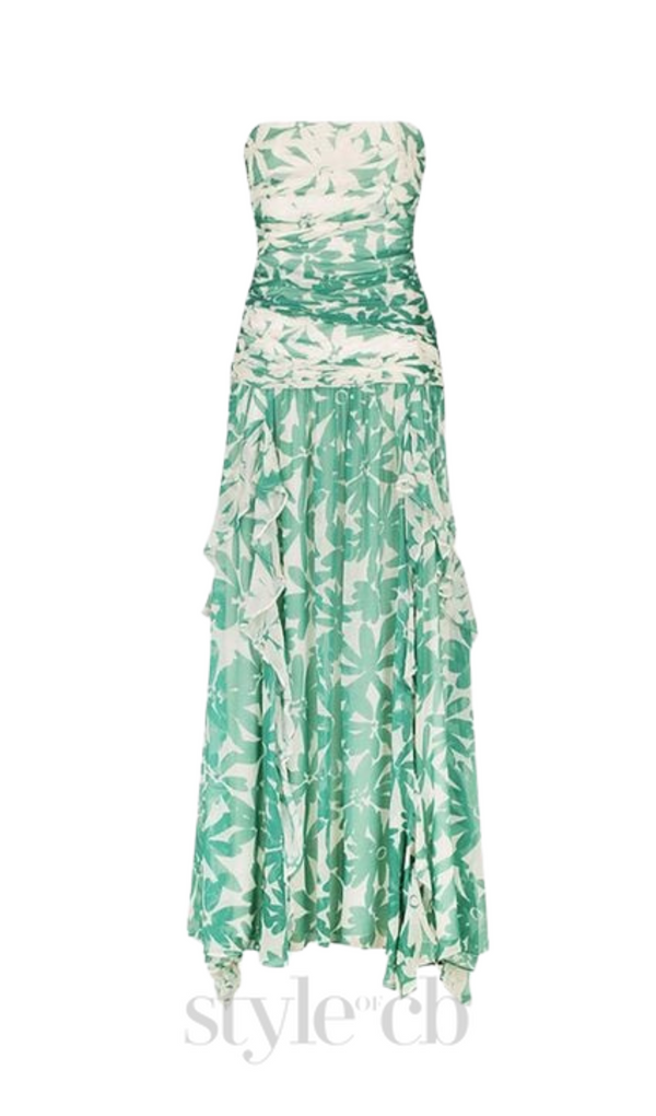 PRINT STRAPLESS CONTRAST MAXI DRESS IN GREEN