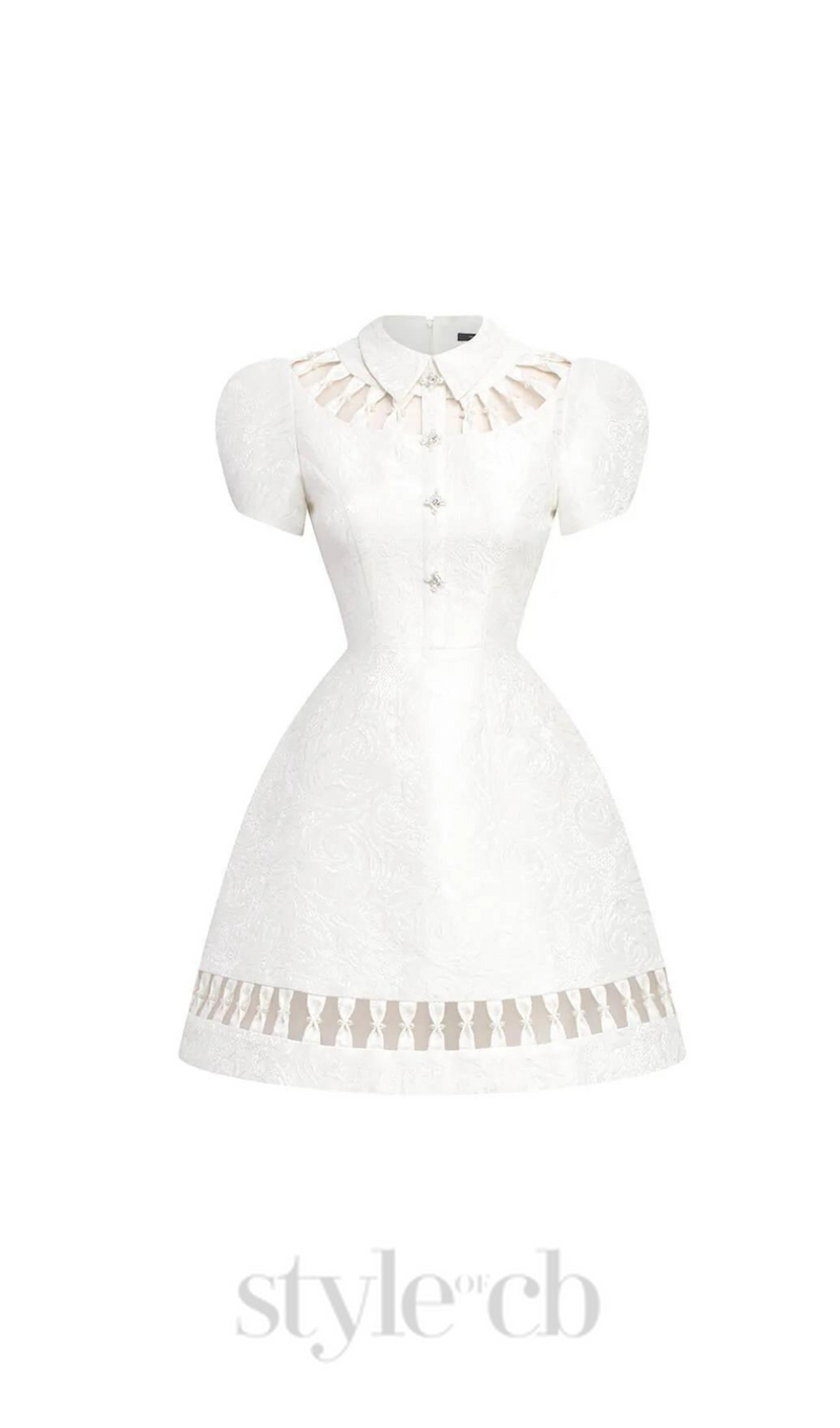 EARTHA WHITE PUFFY HOLLOW BROCADE MINI DRESS