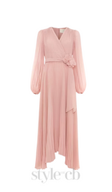 lantern sleeve pleated maxi dress in pale pink