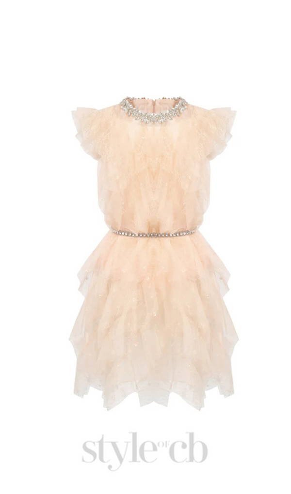 Crystal Embellished Ruffle mini Dress in pale pink