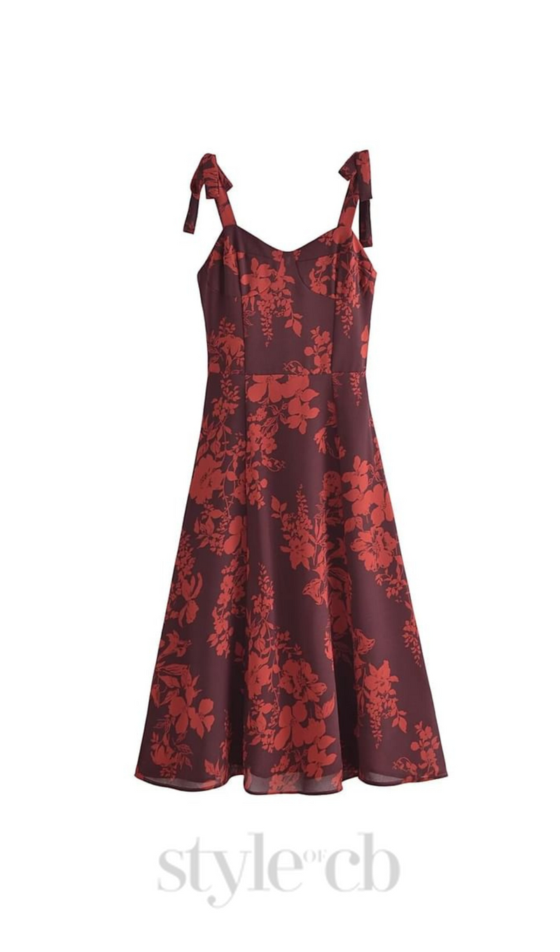 floral print bowknot strap midi dress in burgundy