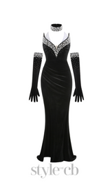 embroidered with white pearls maxi dress in black