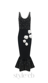 DORIS FLORAL PEARL EMBELLISHED MERMAID BLACK MAXI DRESS