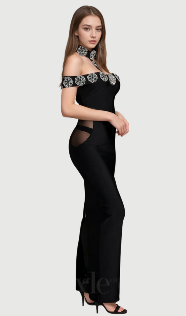 alberta Palanee Halter Diamond Bodycon Dress With Gloves