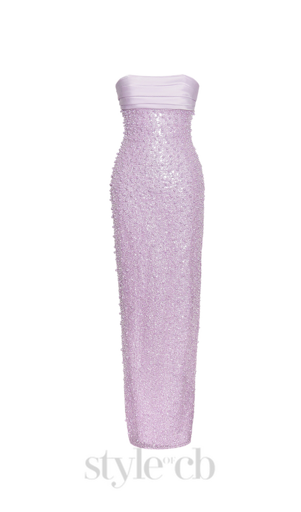 PINK SATIN SEQUIN PEARLS BEADED MAXI DRESS