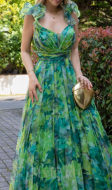 NATIVIDAD FLORAL PRINT TULLE A-LINE GREEN MAXI DRESS