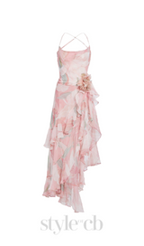 ZORA PINK FLORAL-PRINT RUFFLED SILK MIDI DRESS