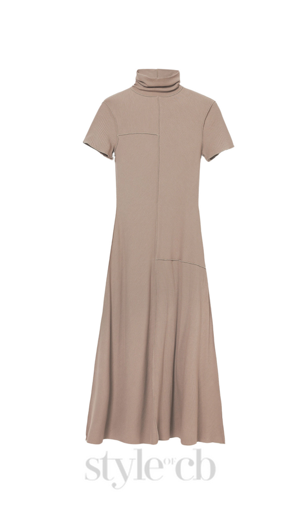 camel bodycon midi dress with high neck