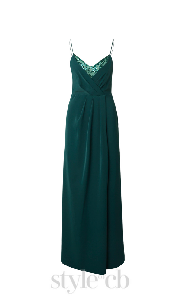 crystal embellished pleated maxi dress in green