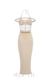 crystal chain embellished fishtail skirt set in apricot