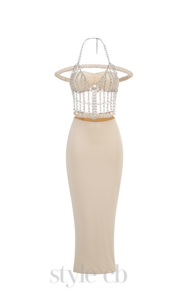 crystal chain embellished fishtail skirt set in apricot