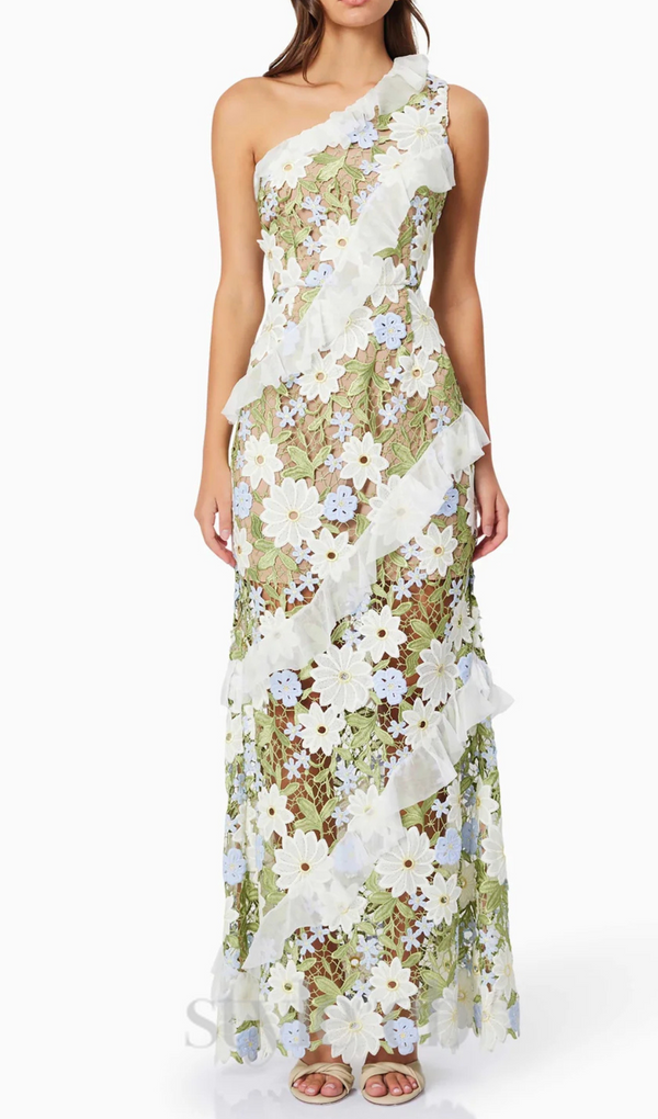 Floral One Shoulder Lace Maxi Dress in Green