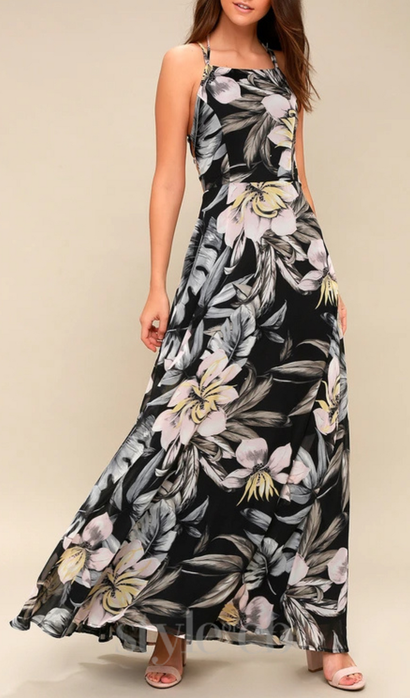 Black Floral Print Lace-Up Maxi Dress