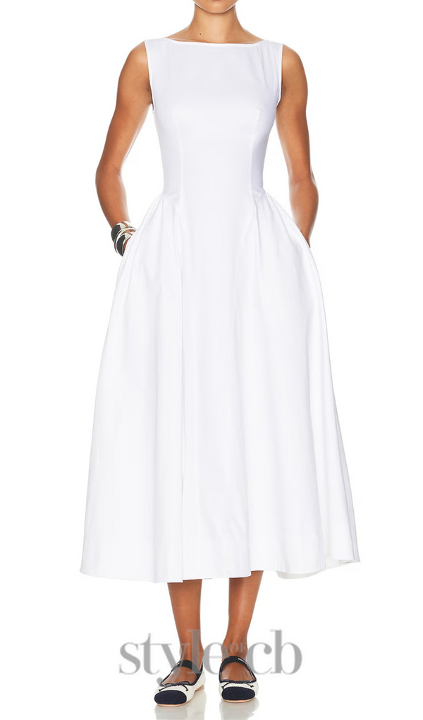 Stretch Cotton Sateen Midi Dress in white