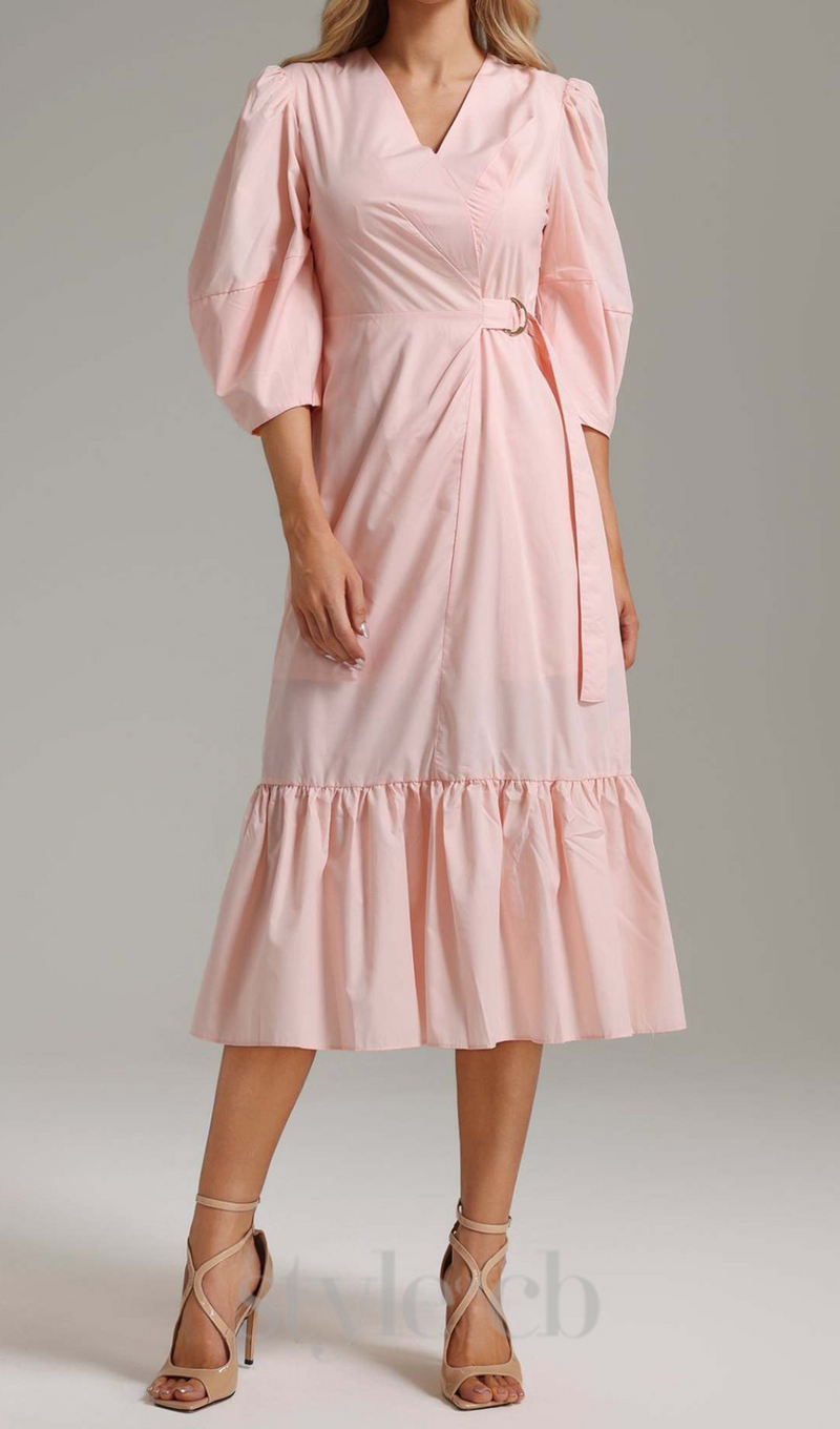 ANTONIA PINK PUFF SLEEVE RUFFLE MIDI DRESS