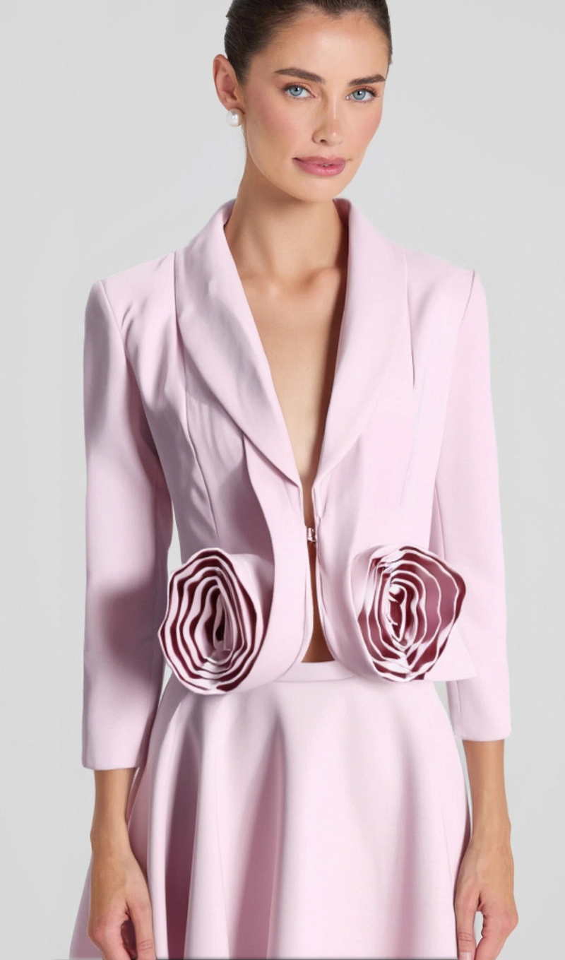 CAROL PINK 3D FLORAL BLAZER ＆ HIGH WAIST MIDI SKIRT SET