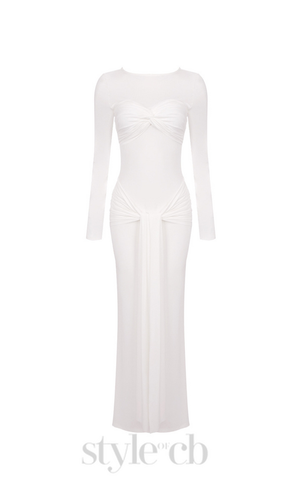 Round neck ribbon knot maxi dress in white