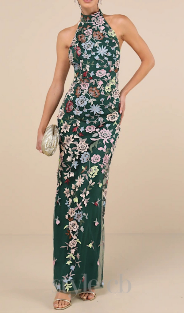 3D Floral Embroidered Halter Maxi Dress in Emerald