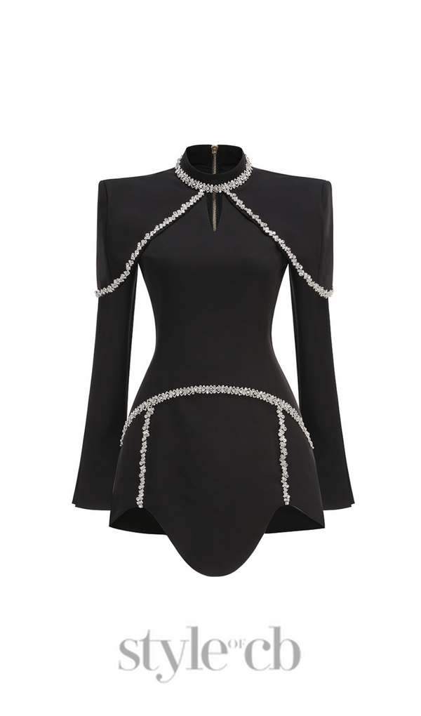 diamond chain embellished trumpet sleeve mini dress in black