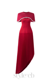 Spaghetti Strap Asymmetric Pleated midi Dress in red