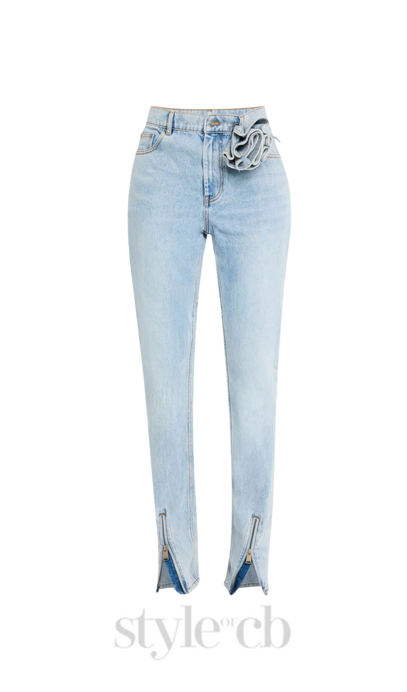 Quinta Floral Zip-Hem Skinny Jeans in pale blue