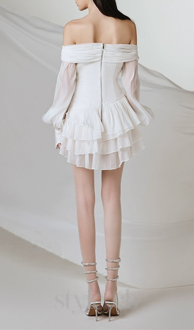 PUFF SLEEVE RUFFLE TRIM MESH CREP DRESS IN WHITE