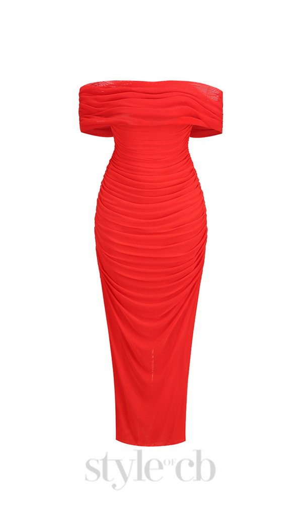 SHERRY OFF-SHOULDER TULLE BANDAGE MAXI DRESS IN RED