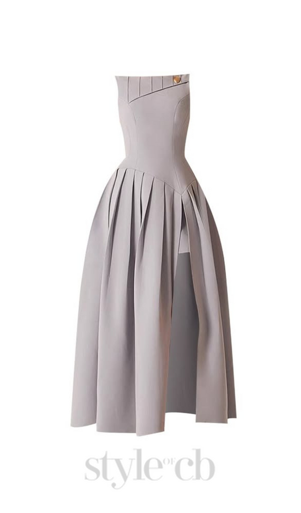 sleeveless pleated slit midi dress in gray