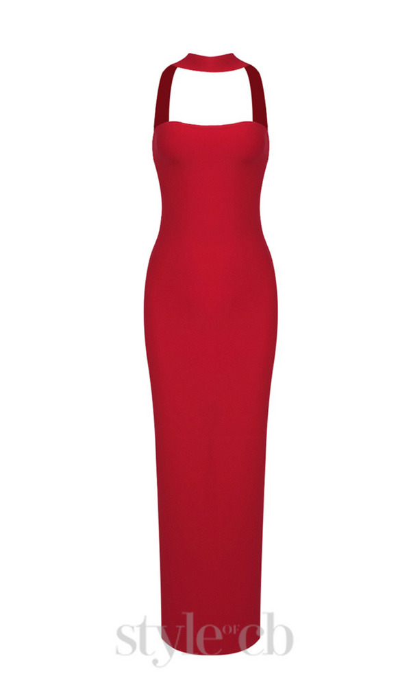 CUTOUT HALTER BACKLESS DRESS IN RED