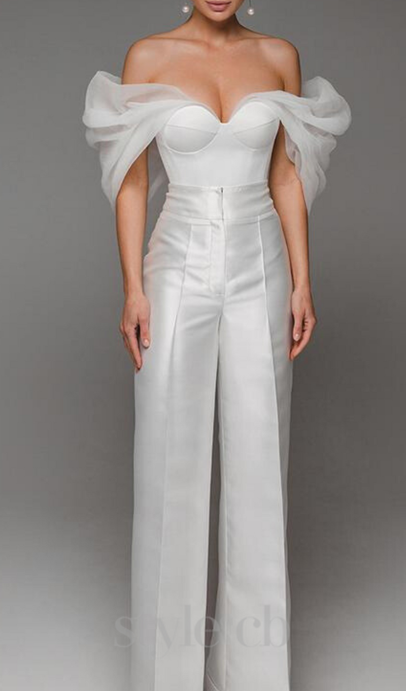 ANILA WHITE TULLE SLEEVE OFF-SHOULDER CORSET JUMPSUIT