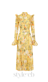 Daisy Print Butterfly Sleeve Midi Dress in yellow